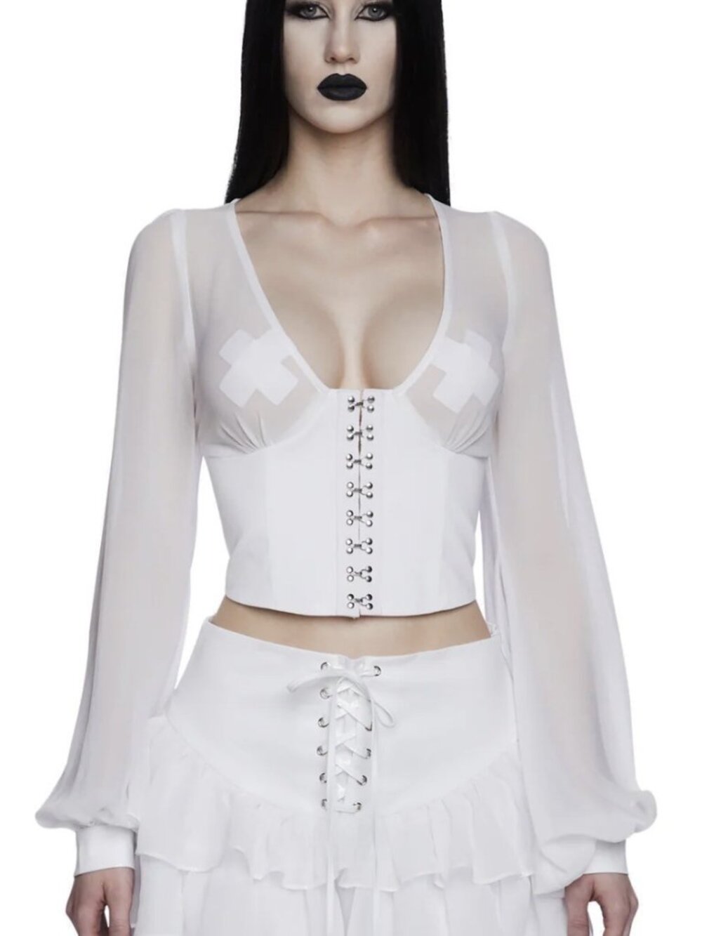NWOT Dolls Kill Pleasing Terrors White Chiffon waist cincher blouse, sz S
